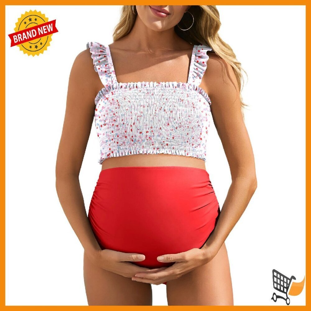 Maternity High Waist Bikini Set Shirred Bandeau Top Ruched Sides